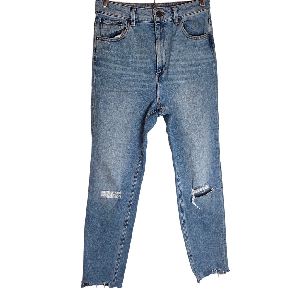 ASOS Denim High Rise Distressed Straight Leg Jeans Raw Hem Blue UK 28/32‎